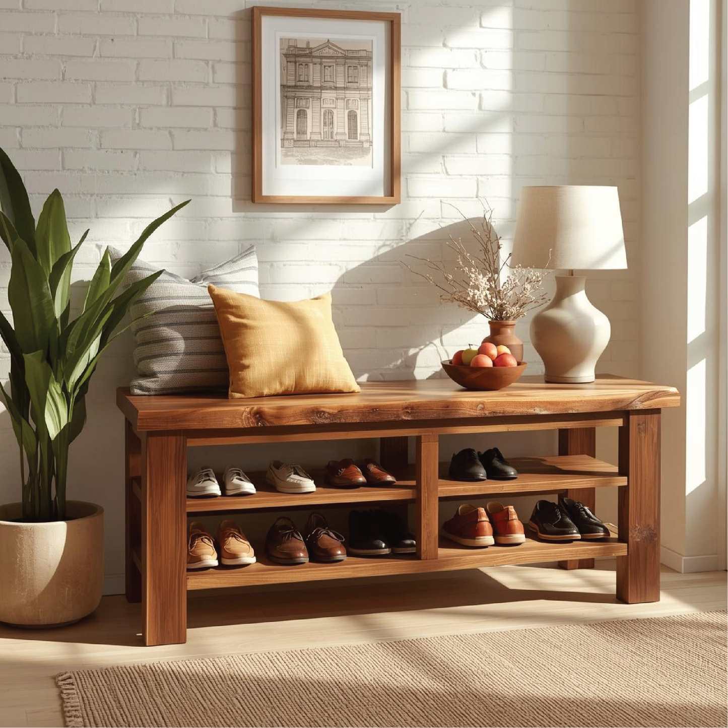 Handcrafted Solid Wood Entryway Bench with Live Edge Top and Multi-Tier Shoe Storage Shelves Kitchnce