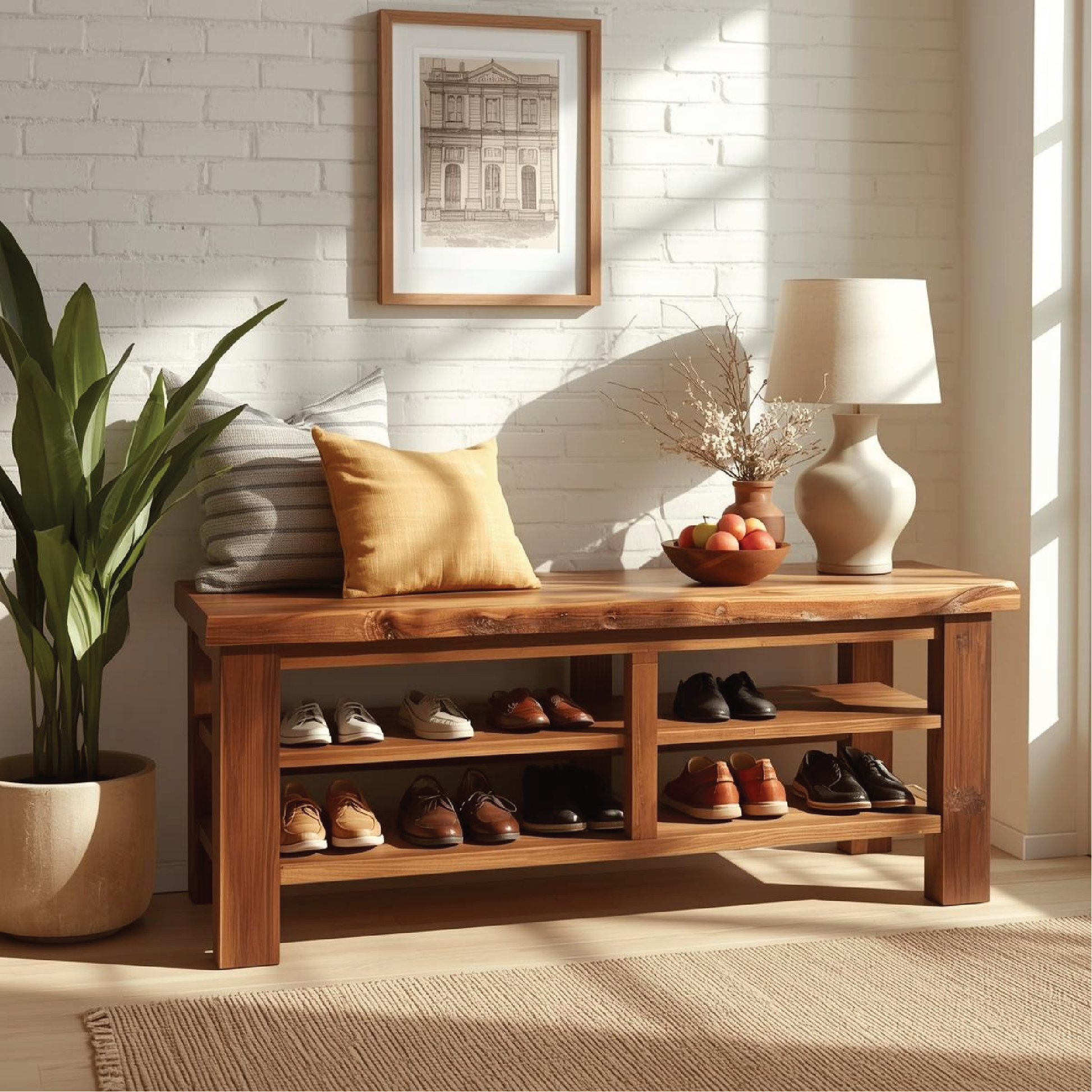 Handcrafted Solid Wood Entryway Bench with Live Edge Top and Multi-Tier Shoe Storage Shelves Kitchnce