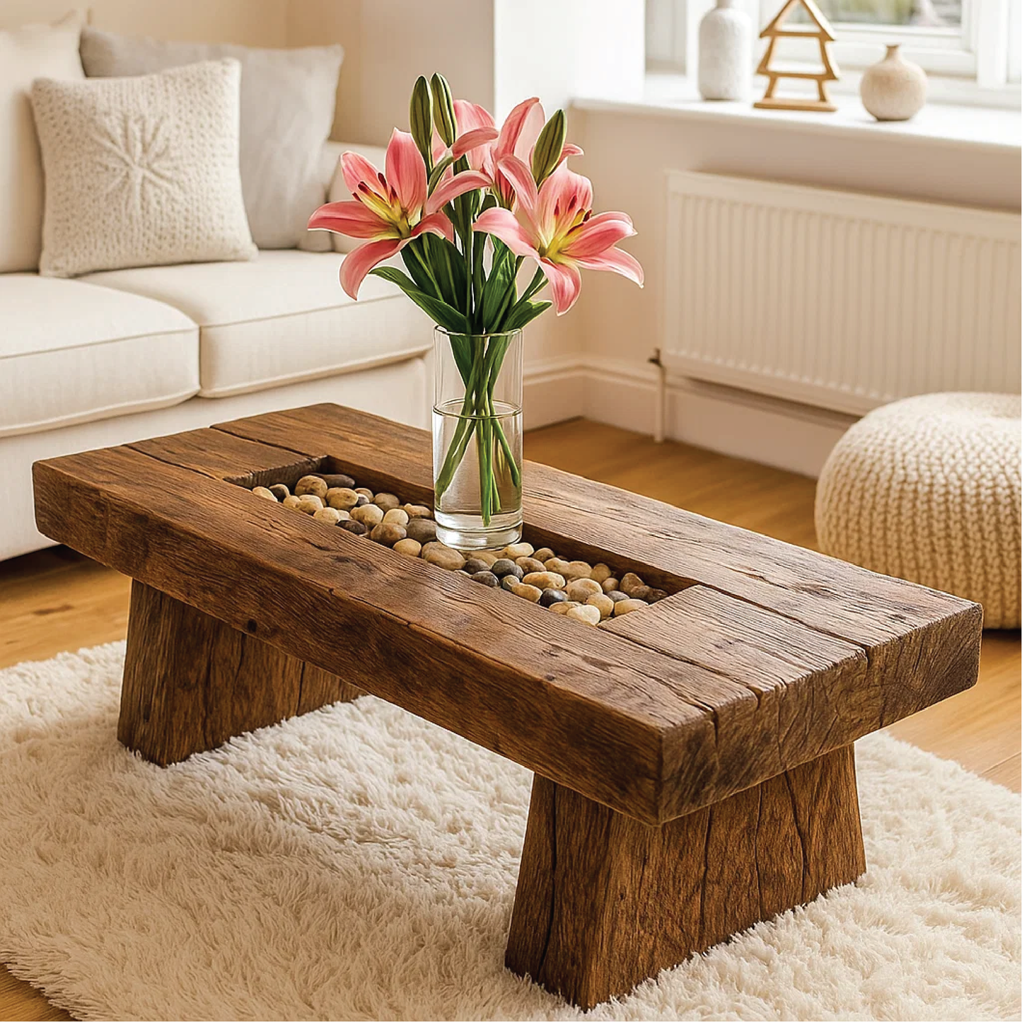Handcrafted Solid Wood Coffee Table with Rustic Live Edge Design and Natural Stone Centerpiece Kitchnce
