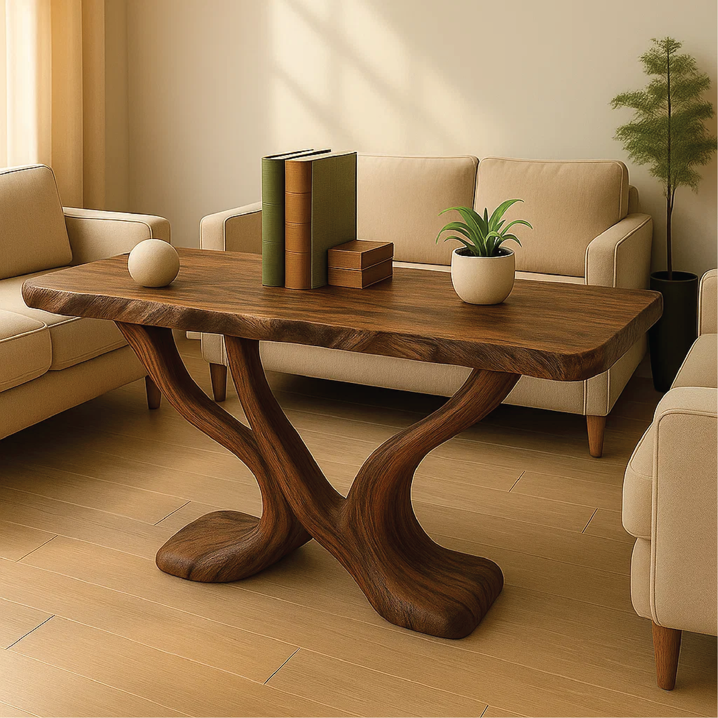 Handcrafted Solid Wood Console Table with Sculptural Y-Shaped Base for Modern Organic Interiors Kitchnce