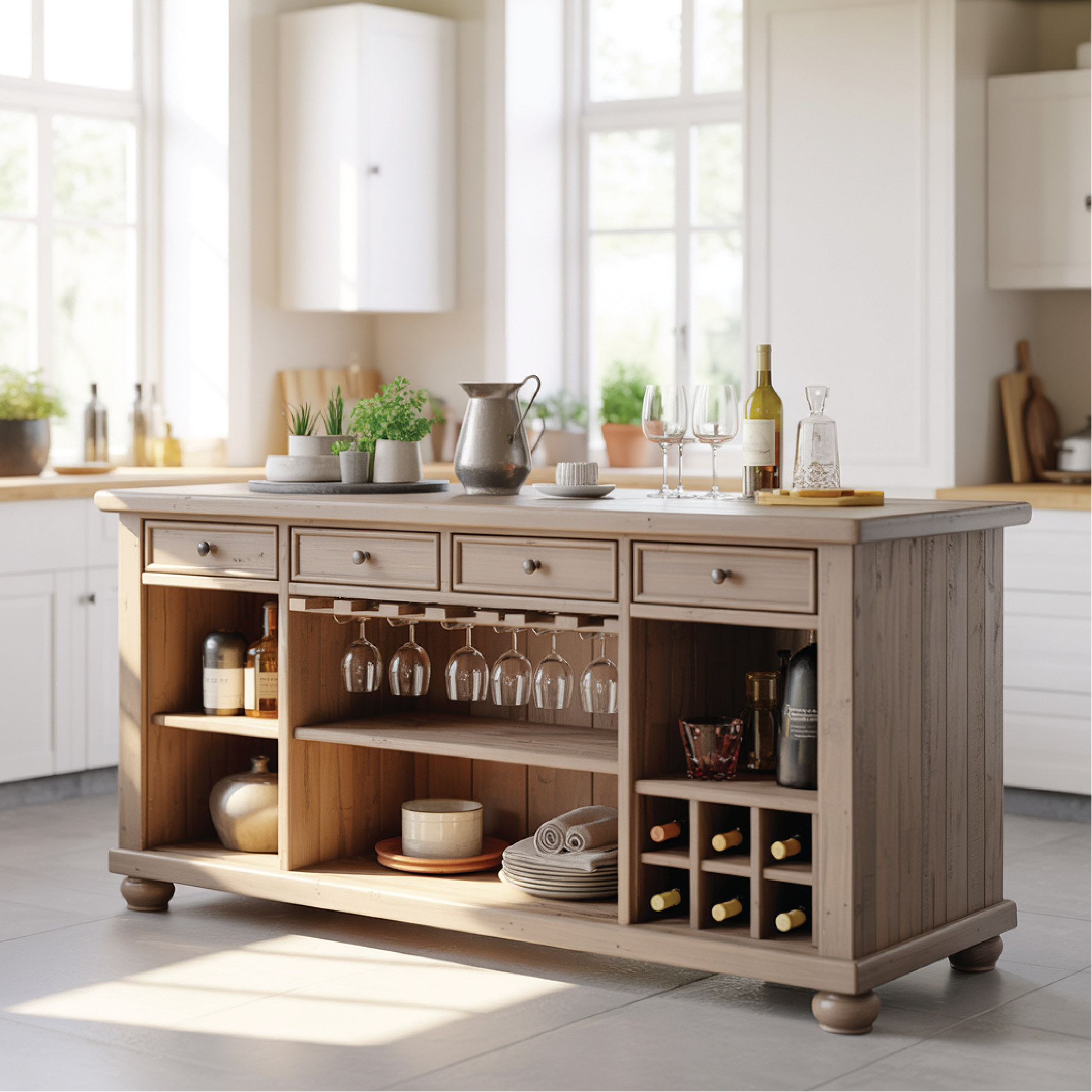 Handcrafted Solid Wood Kitchen Island with Wine Storage, Drawers, and Open Shelving Kitchnce