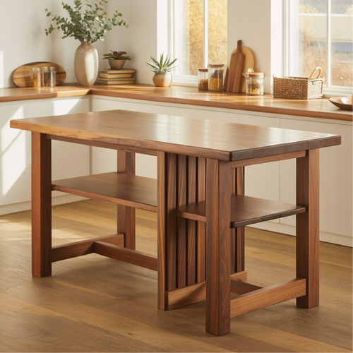 Handcrafted Solid Wood Dining Table with Open Storage Shelves for Modern Natural Kitchens Kitchnce