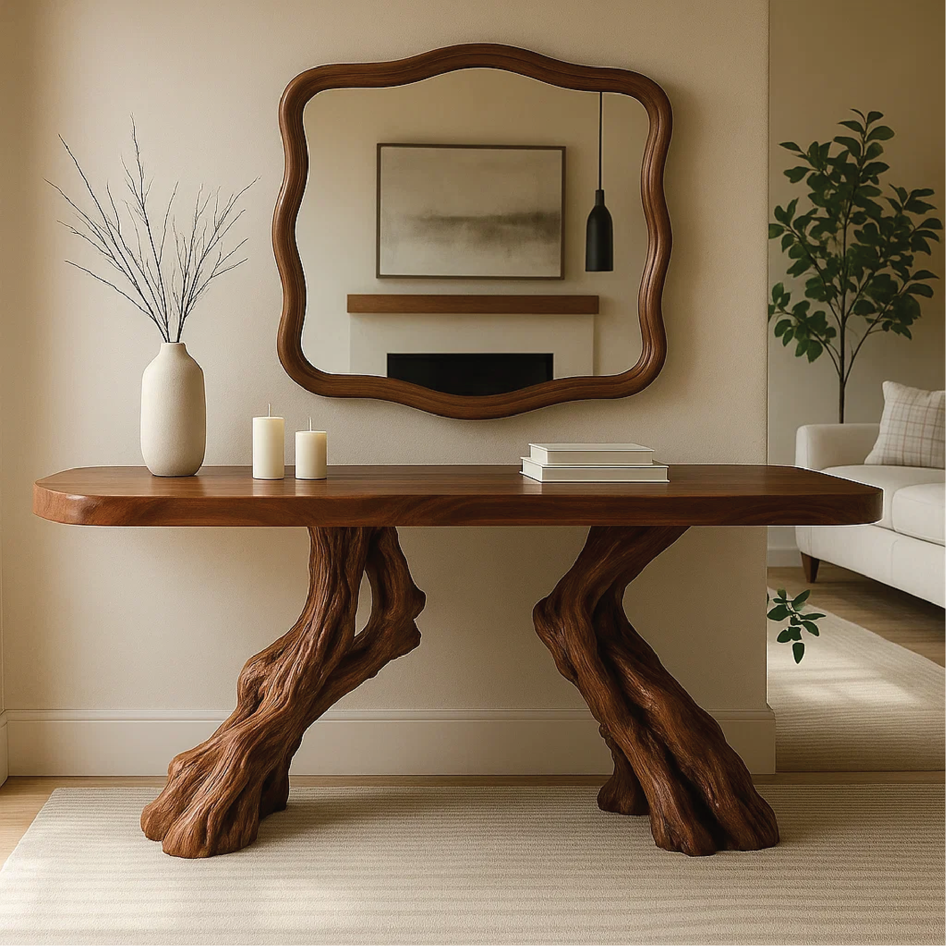 Handcrafted Solid Wood Console Table with Twin Root Base and Smooth Natural Finish Design Kitchnce