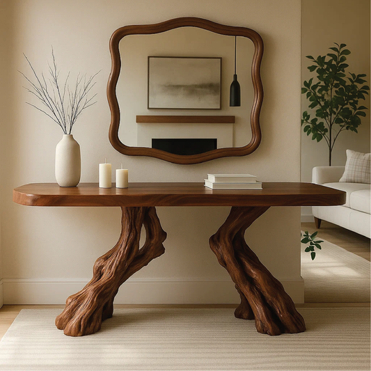 Handcrafted Solid Wood Console Table with Twin Root Base and Smooth Natural Finish Design Kitchnce
