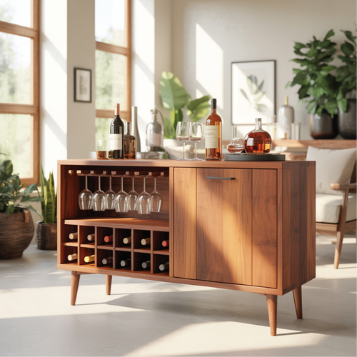 Handcrafted Solid Wood Dining Cabinet with Wine Rack and Hanging Glass Storage Kitchnce