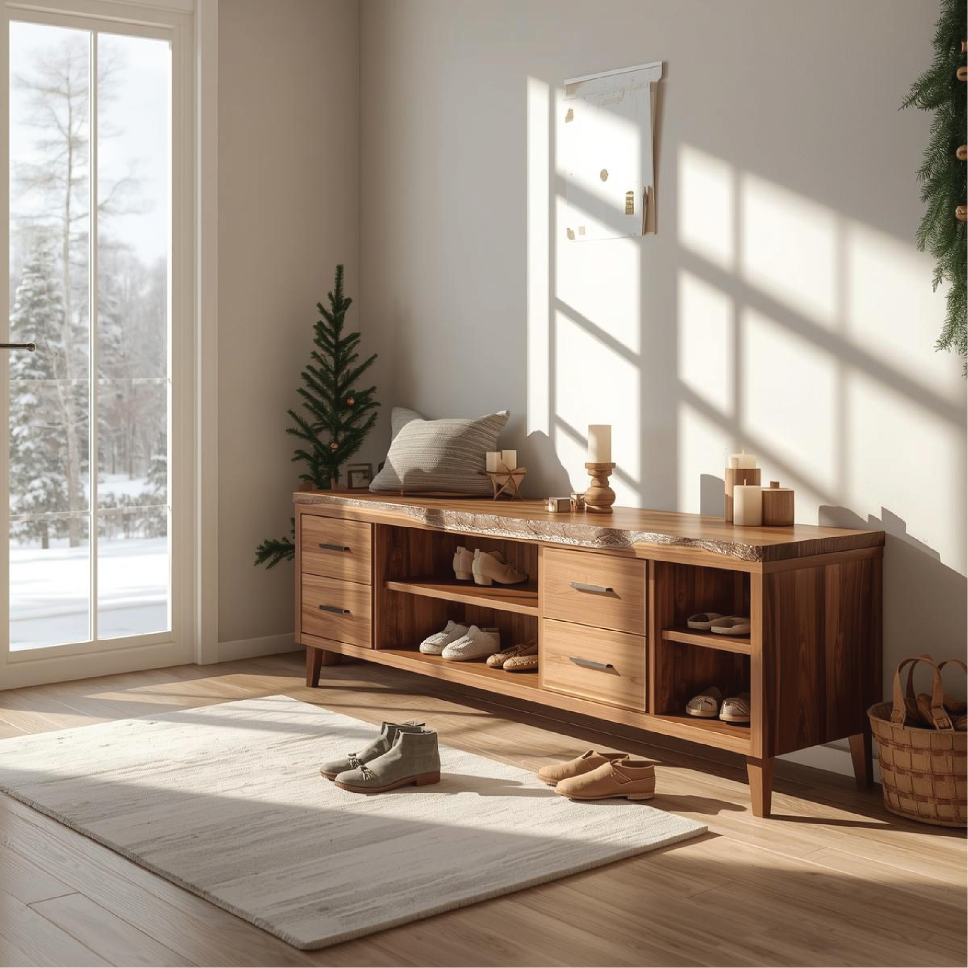Handcrafted Solid Wood Entryway Bench with Storage Drawers and Live Edge Rustic Design Kitchnce