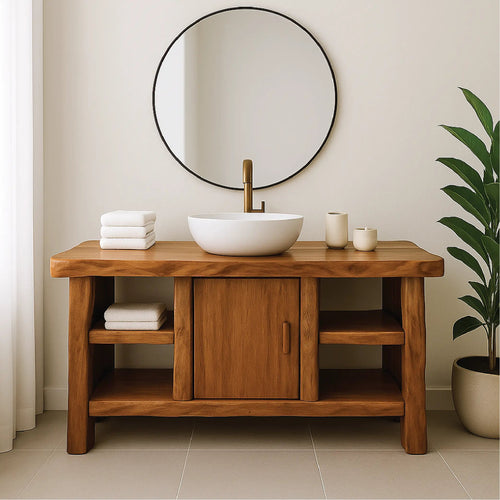 Handcrafted Solid Wood Bathroom Vanity with Center Cabinet and Open Shelves in Natural Finish Kitchnce