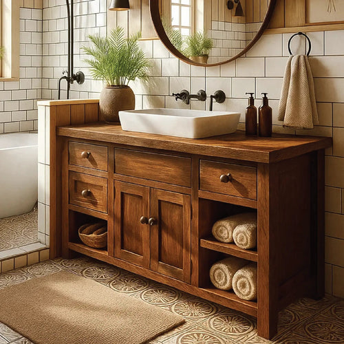 Handcrafted Solid Wood Bathroom Vanity with Drawers and Open Shelves in Warm Walnut Finish Kitchnce