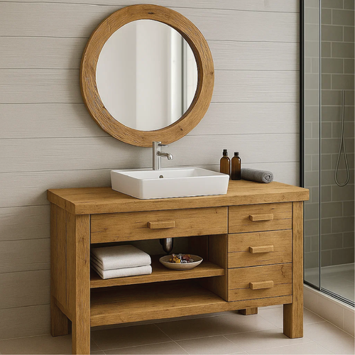 Handcrafted Solid Wood Bathroom Vanity with Drawers and Open Shelf in Natural Minimalist Style Kitchnce