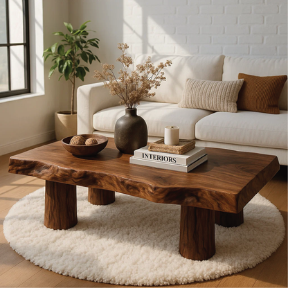 Handcrafted Solid Wood Coffee Table with Organic Live Edge and Cylindrical Leg Design Kitchnce
