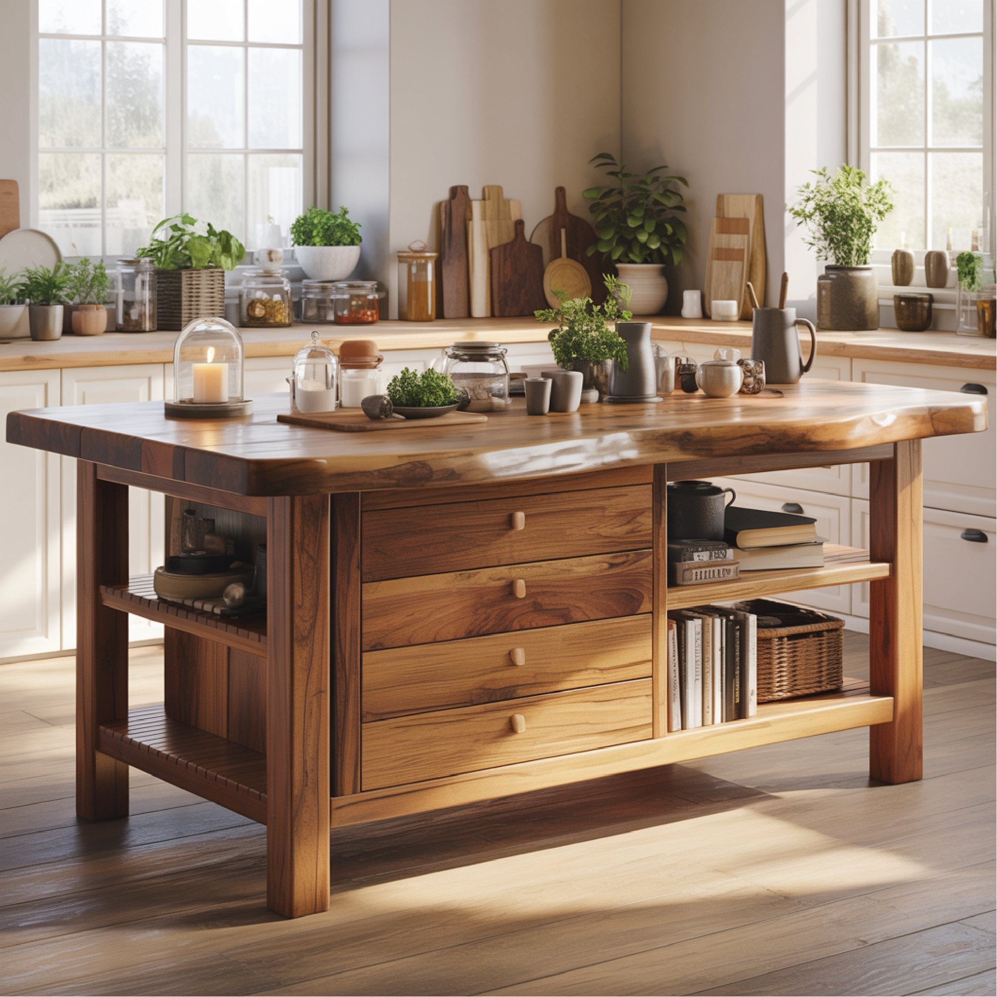 Handcrafted Solid Wood Kitchen Island with Drawers, Open Shelves, and Natural Live-Edge Top Kitchnce