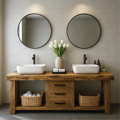 Handcrafted Solid Wood Double Sink Bathroom Vanity with Central Drawers and Natural Finish Kitchnce
