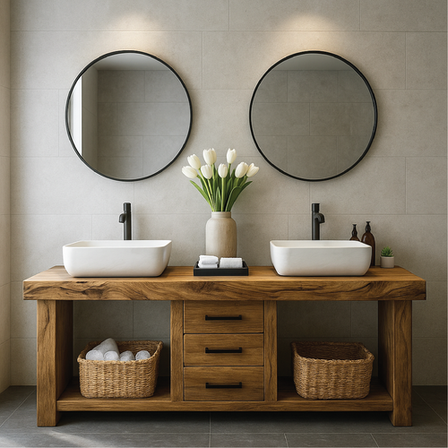 Handcrafted Solid Wood Double Sink Bathroom Vanity with Central Drawers and Natural Finish Kitchnce