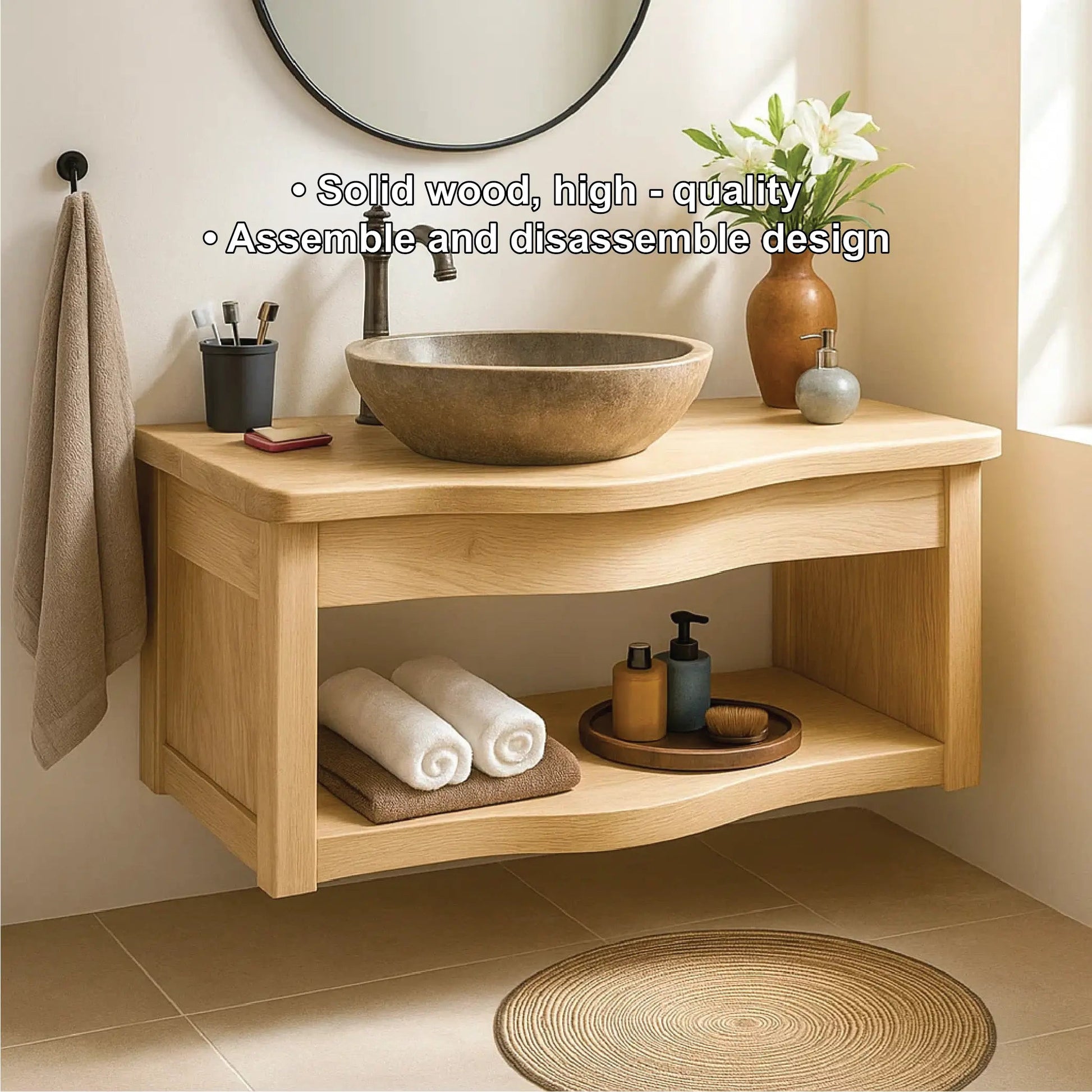 Handcrafted Solid Wood Floating Vanity with Curved Edge Design and Open Shelf Bathroom Storage Kitchnce