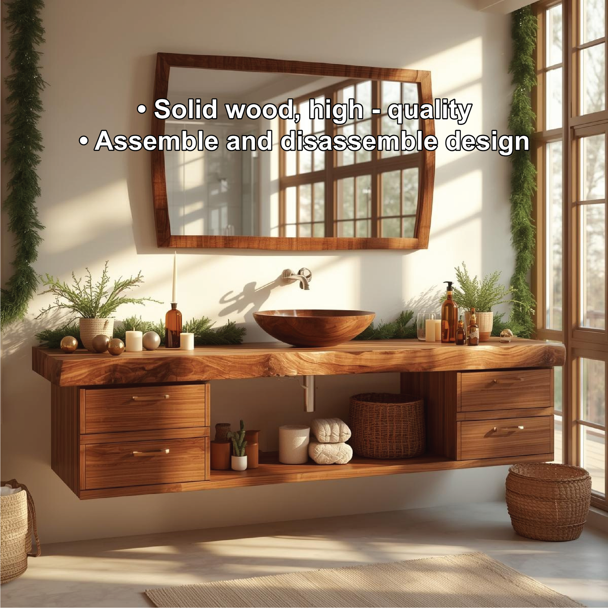 Handcrafted Solid Wood Floating Bathroom Vanity with Drawers and Natural Live Edge Countertop Kitchnce