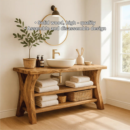 Handcrafted Solid Wood Bathroom Vanity with Natural Live Edge and Open Storage Shelf Design Kitchnce