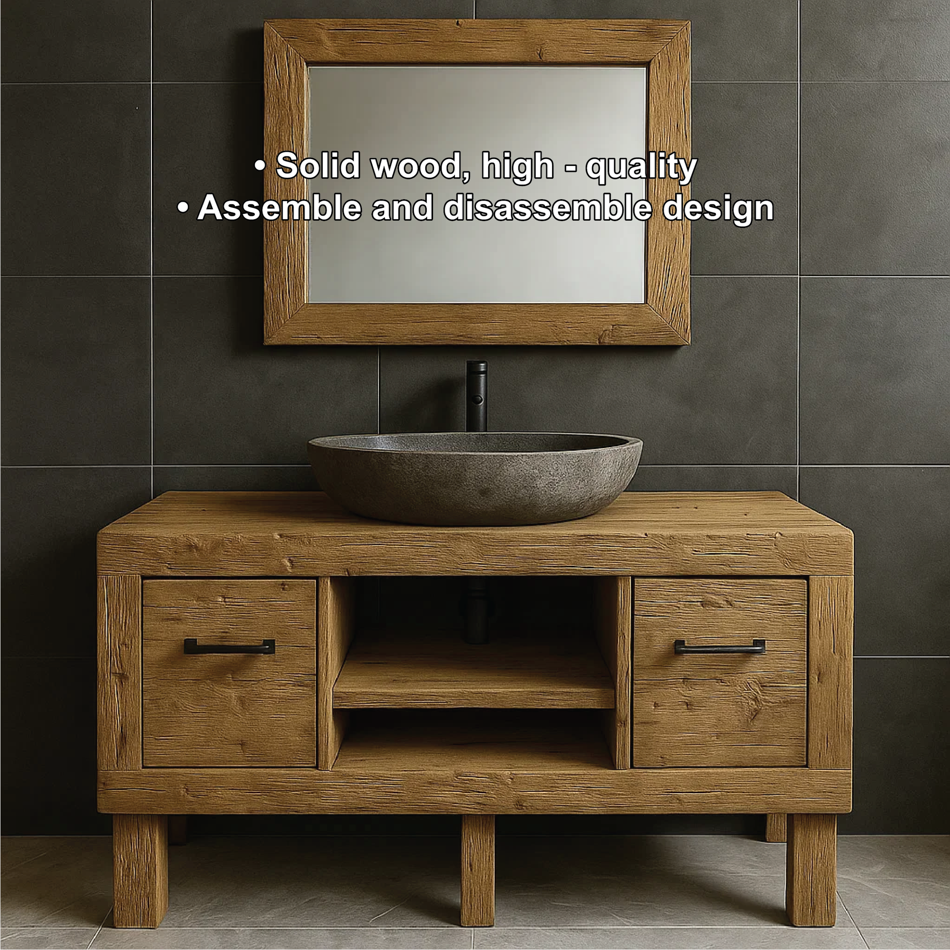 Modern Rustic Handcrafted Solid Wood Bathroom Vanity with Storage Drawers and Open Shelves Kitchnce