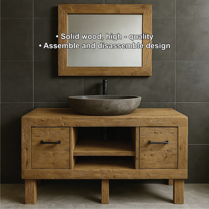 Modern Rustic Handcrafted Solid Wood Bathroom Vanity with Storage Drawers and Open Shelves Kitchnce