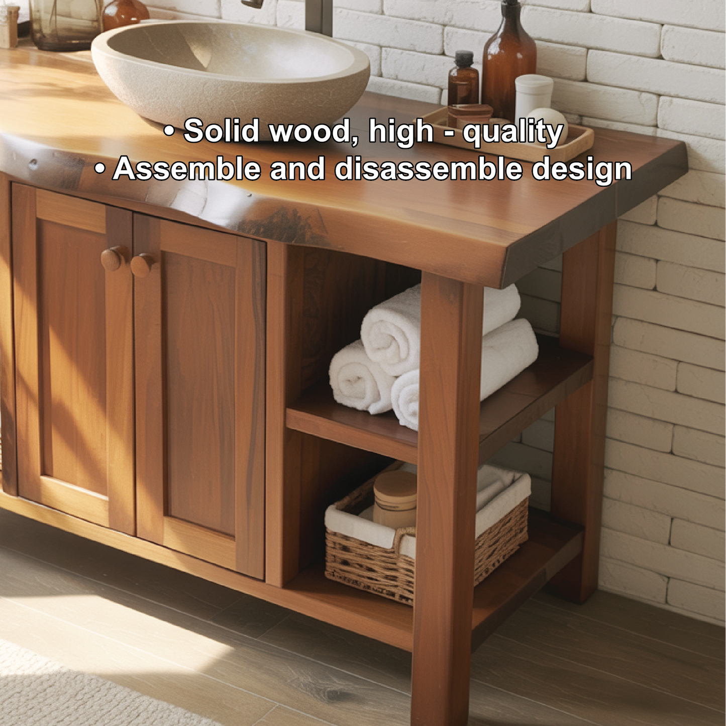 Handcrafted Solid Wood Bathroom Vanity with Live Edge Countertop and Open Storage Shelves