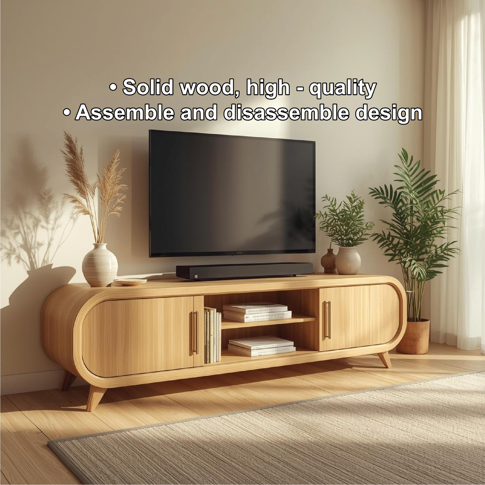 Mid Century Solid Wood TV Stand Curved Media Console Modern Entertainment Center Cabinet Kitchnce