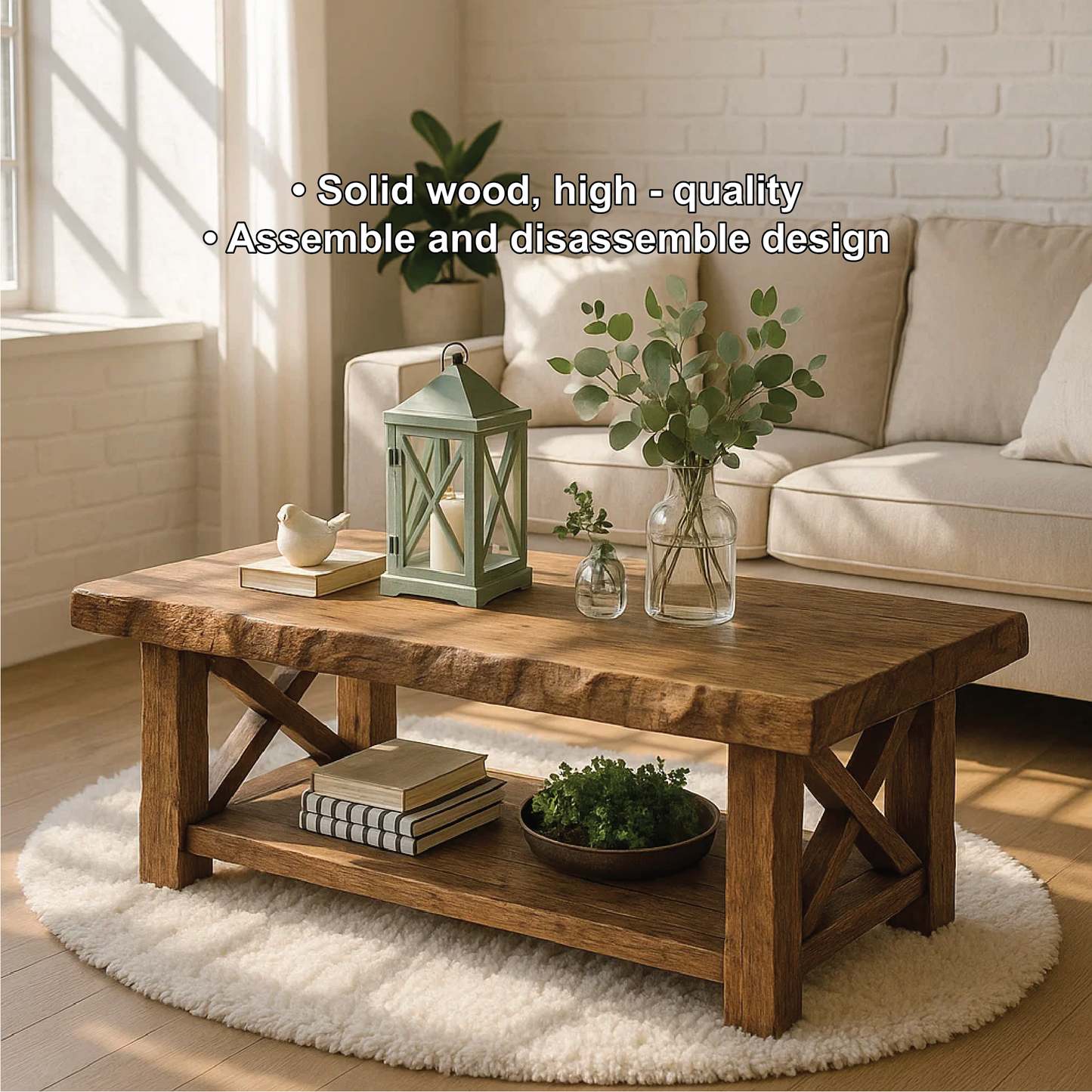 Handcrafted Solid Wood Coffee Table with Rustic X-Frame Base and Natural Live Edge Design Kitchnce
