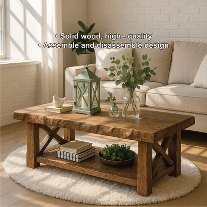 Handcrafted Solid Wood Coffee Table with Rustic X-Frame Base and Natural Live Edge Design Kitchnce