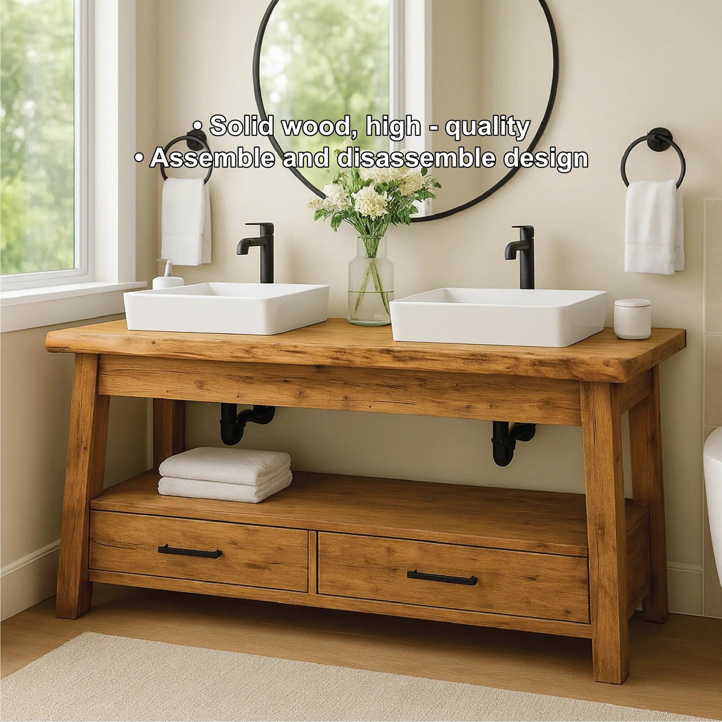 Handcrafted Double Solid Wood Bathroom Vanity with Drawers and Natural Finish for Modern Spaces Kitchnce