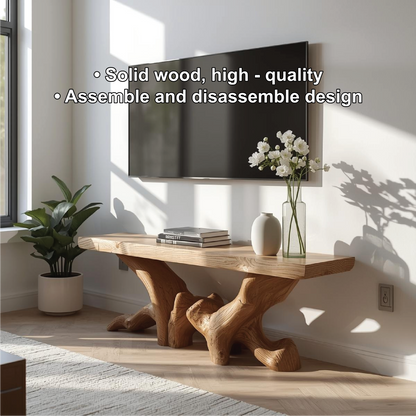 Rustic Solid Wood TV Stand Sculptural Media Console Natural Wood Entertainment Table Kitchnce
