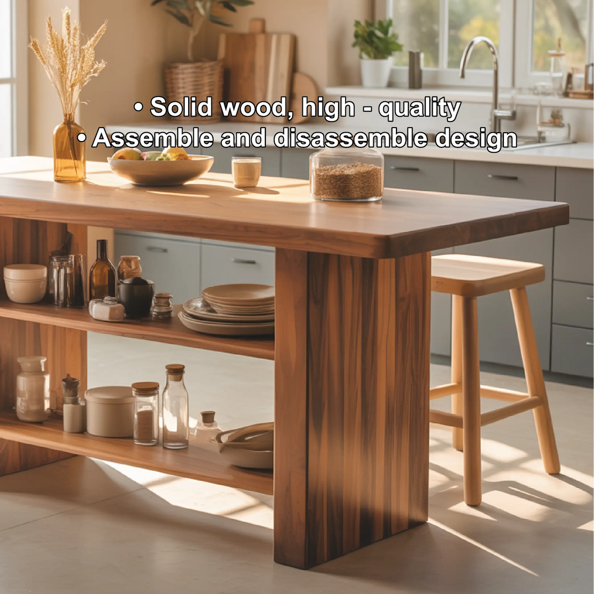 Modern Dining Table with Open Storage Shelves and Bar Seating, Multifunction Kitchen Island Table Kitchnce