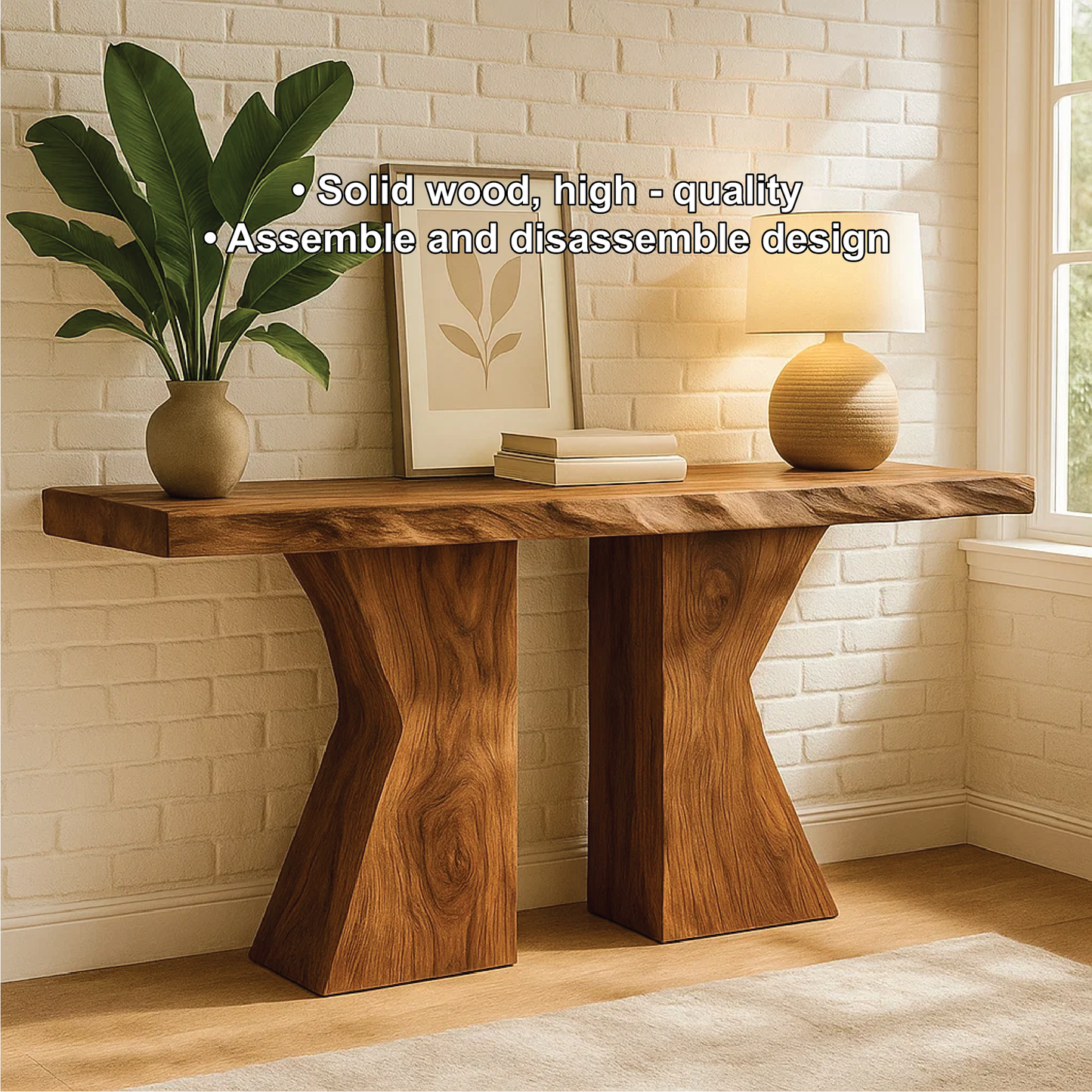 Handcrafted Solid Wood Console Table with Sculptural Base and Natural Live Edge Design Kitchnce