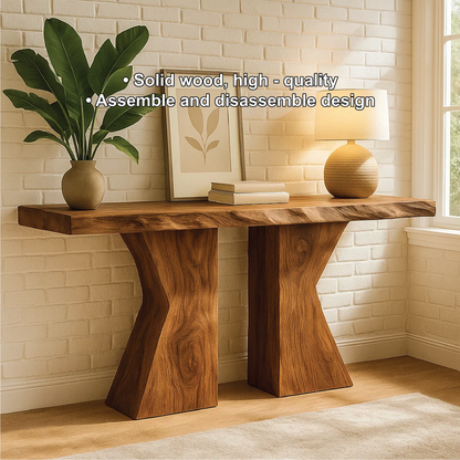 Handcrafted Solid Wood Console Table with Sculptural Base and Natural Live Edge Design Kitchnce