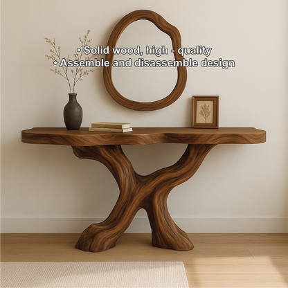 Handcrafted Solid Wood Console Table with Organic Flowing Base and Smooth Natural Finish Kitchnce