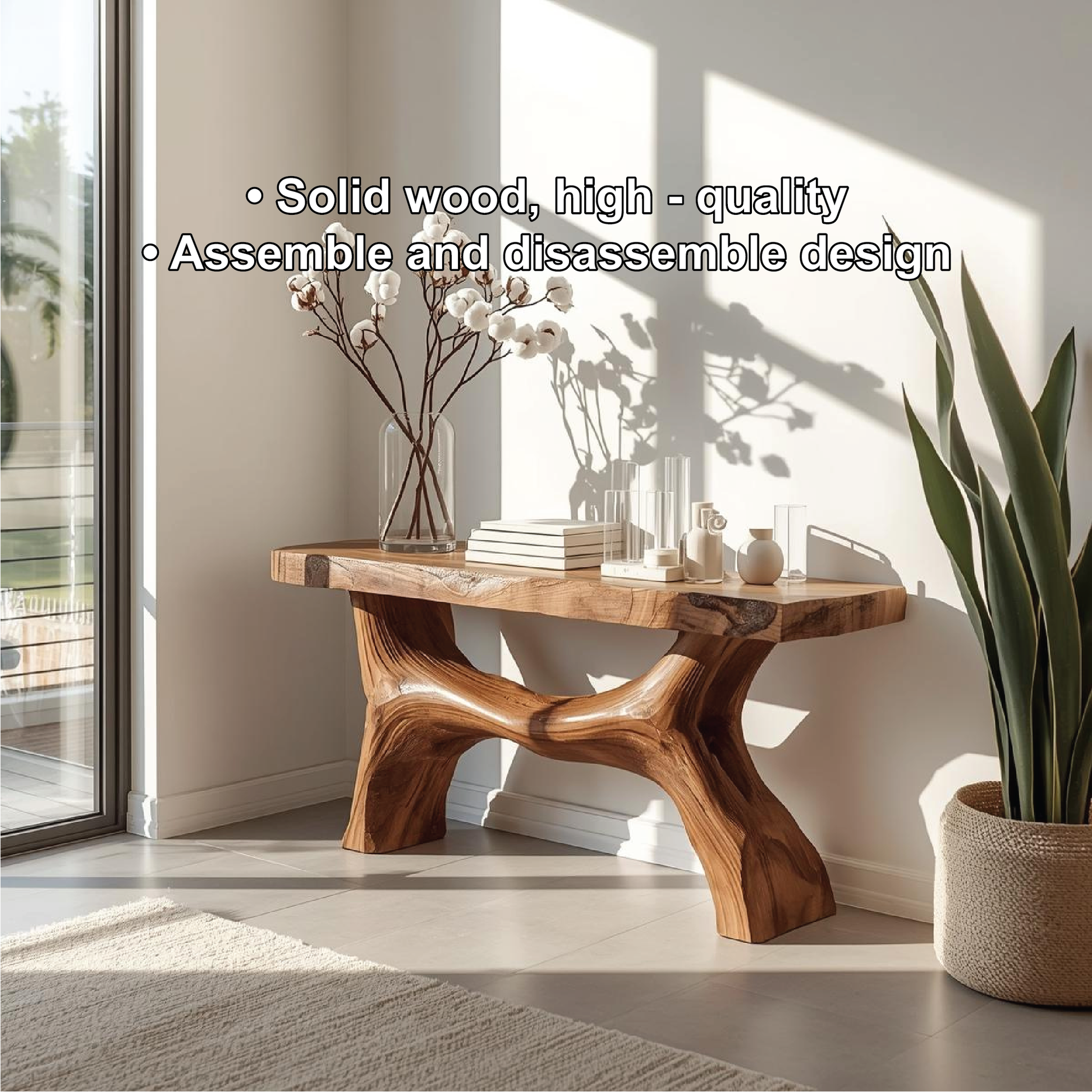 Handcrafted Solid Wood Console Table with Sculptural Base and Natural Live Edge Design Kitchnce