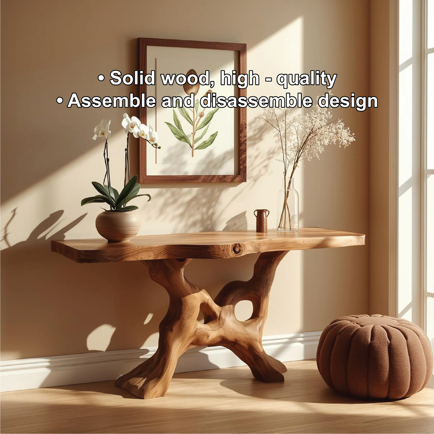 Handcrafted Solid Wood Console Table with Organic Root-Inspired Base and Natural Live Edge Kitchnce