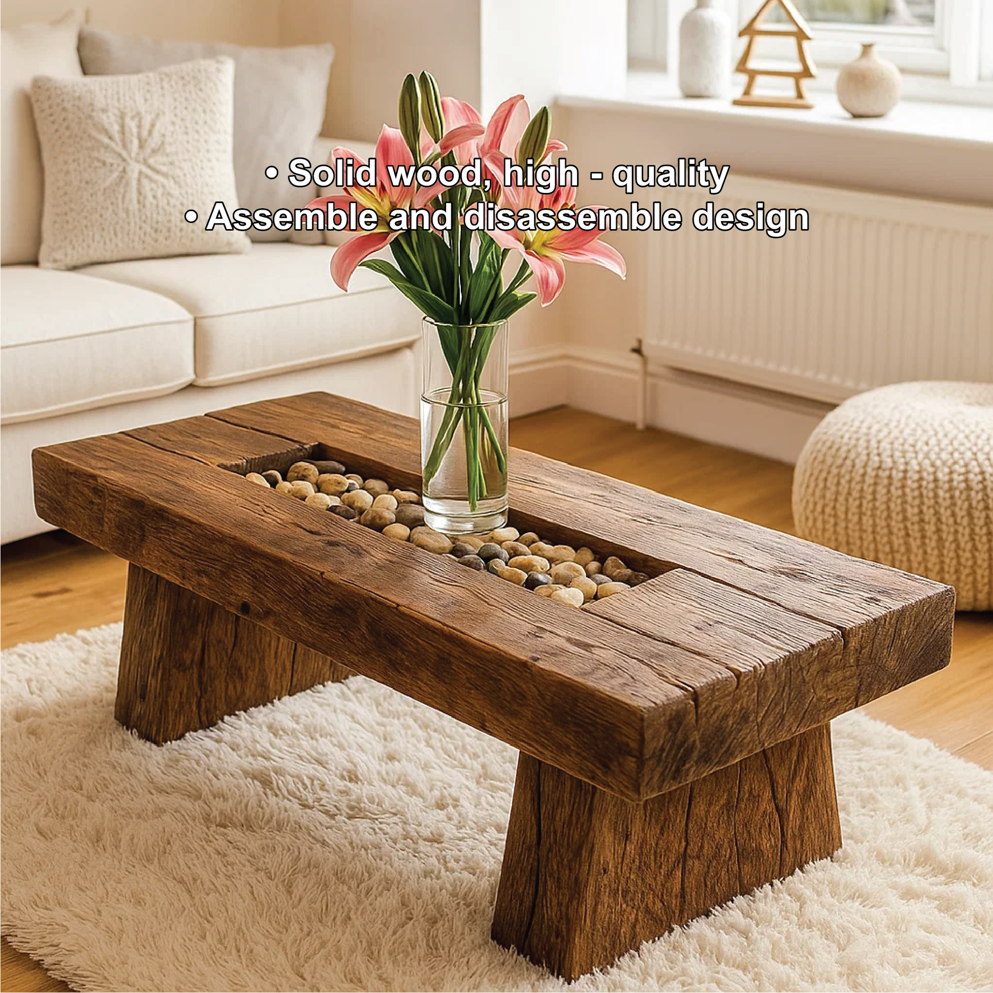 Handcrafted Solid Wood Coffee Table with Rustic Live Edge Design and Natural Stone Centerpiece Kitchnce