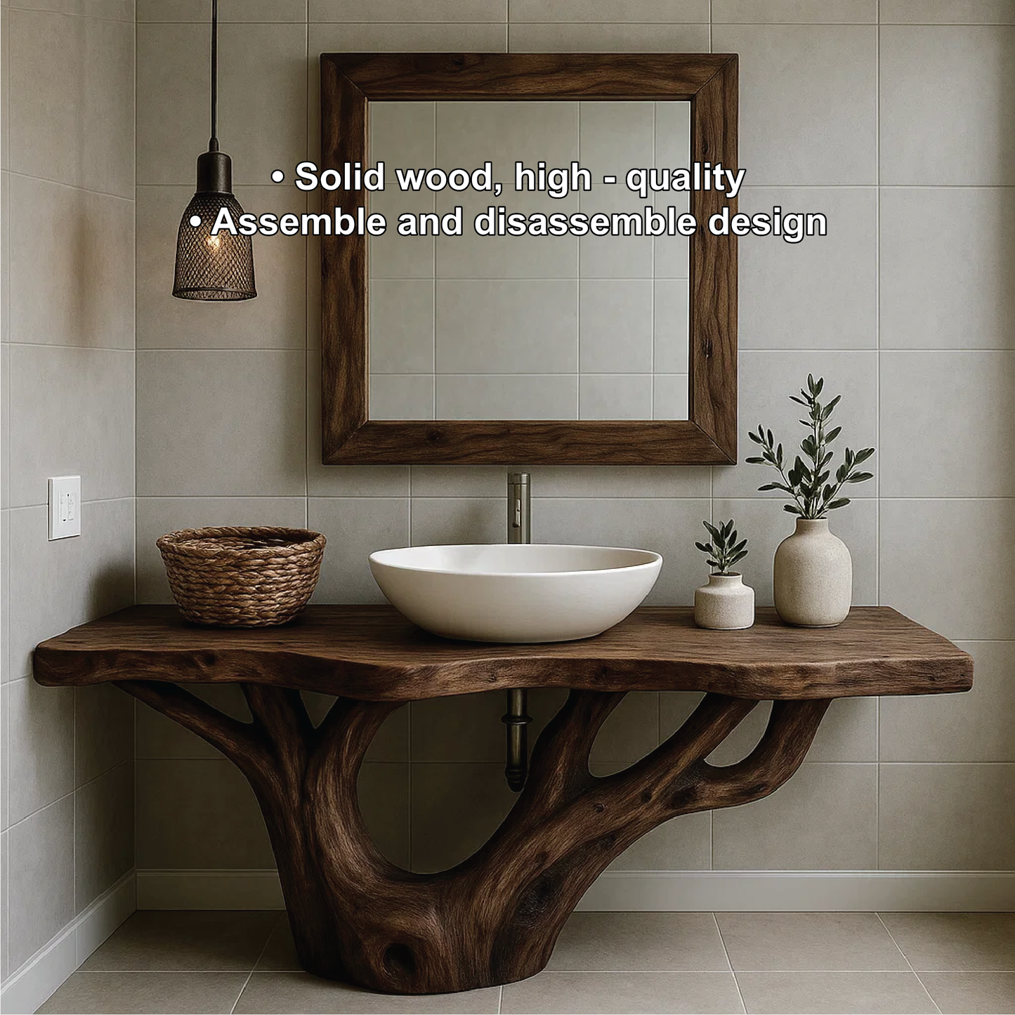 Handcrafted Solid Wood Bathroom Vanity with Organic Tree-Inspired Base and Natural Finish Kitchnce