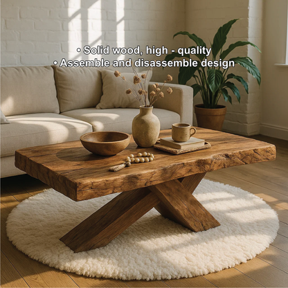Handcrafted Solid Wood Coffee Table with Rustic Live Edge and Cross-Leg Modern Design Kitchnce