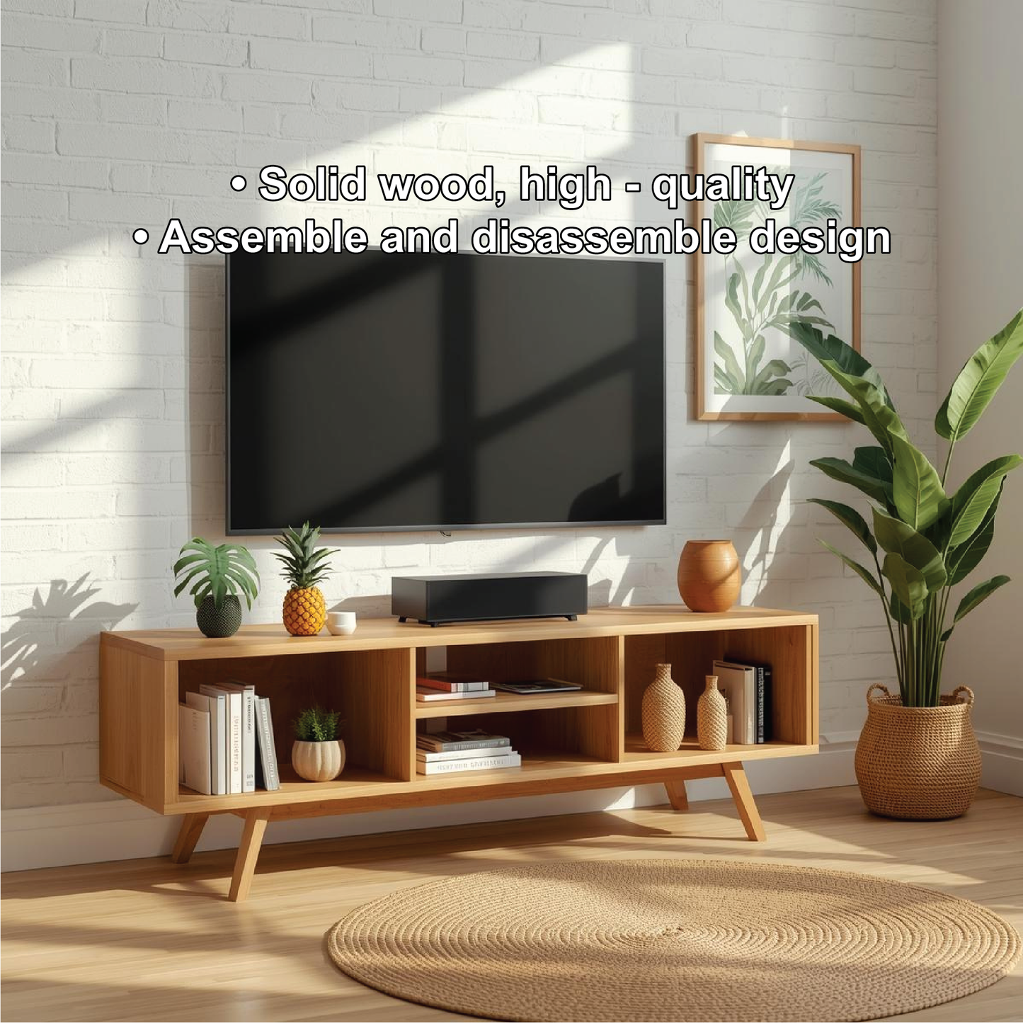 Handcrafted Solid Wood TV Stand with Open Shelving and Mid-Century Modern Minimalist Design Kitchnce
