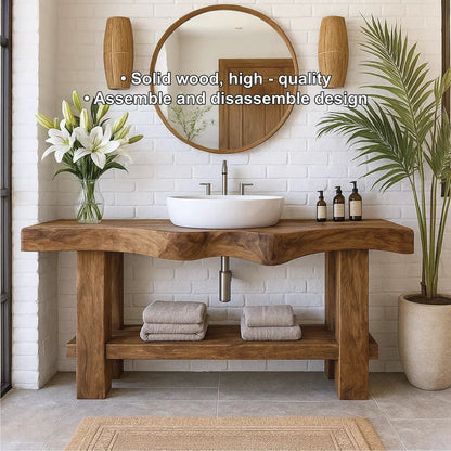 Handcrafted Solid Wood Bathroom Vanity with Organic Curved Edge and Open Shelf for Modern Homes Kitchnce