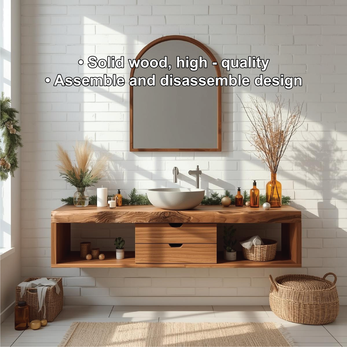 Handcrafted Solid Wood Floating Bathroom Vanity with Center Drawer and Natural Live Edge Design Kitchnce