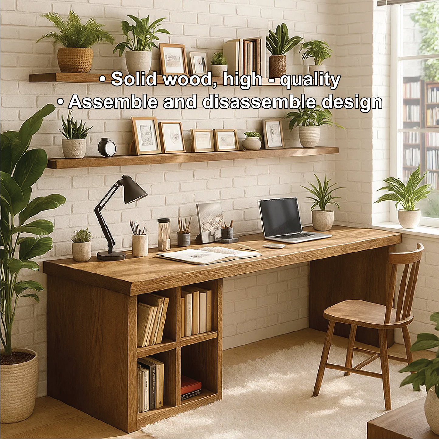 Handcrafted Solid Wood Work Desk – Long Home Office Table with Bookshelf and Natural Finish Kitchnce