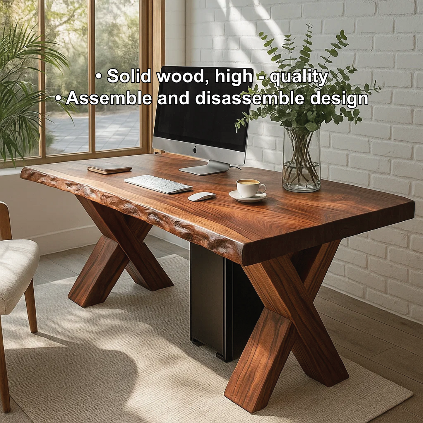 Handcrafted Solid Wood Work Desk – Live Edge Office Table with X-Leg Base and Natural Finish Kitchnce