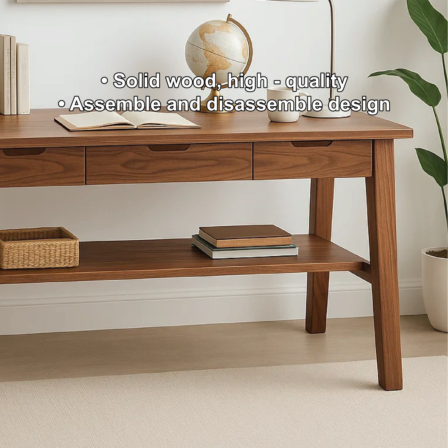 Handcrafted Solid Wood Writing Desk – Minimalist Work Table with Drawers and Open Shelf Design Kitchnce