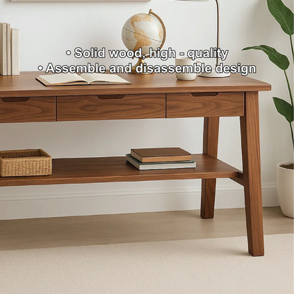 Handcrafted Solid Wood Writing Desk – Minimalist Work Table with Drawers and Open Shelf Design Kitchnce