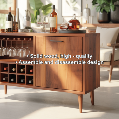 Handcrafted Solid Wood Dining Cabinet with Wine Rack and Hanging Glass Storage Kitchnce