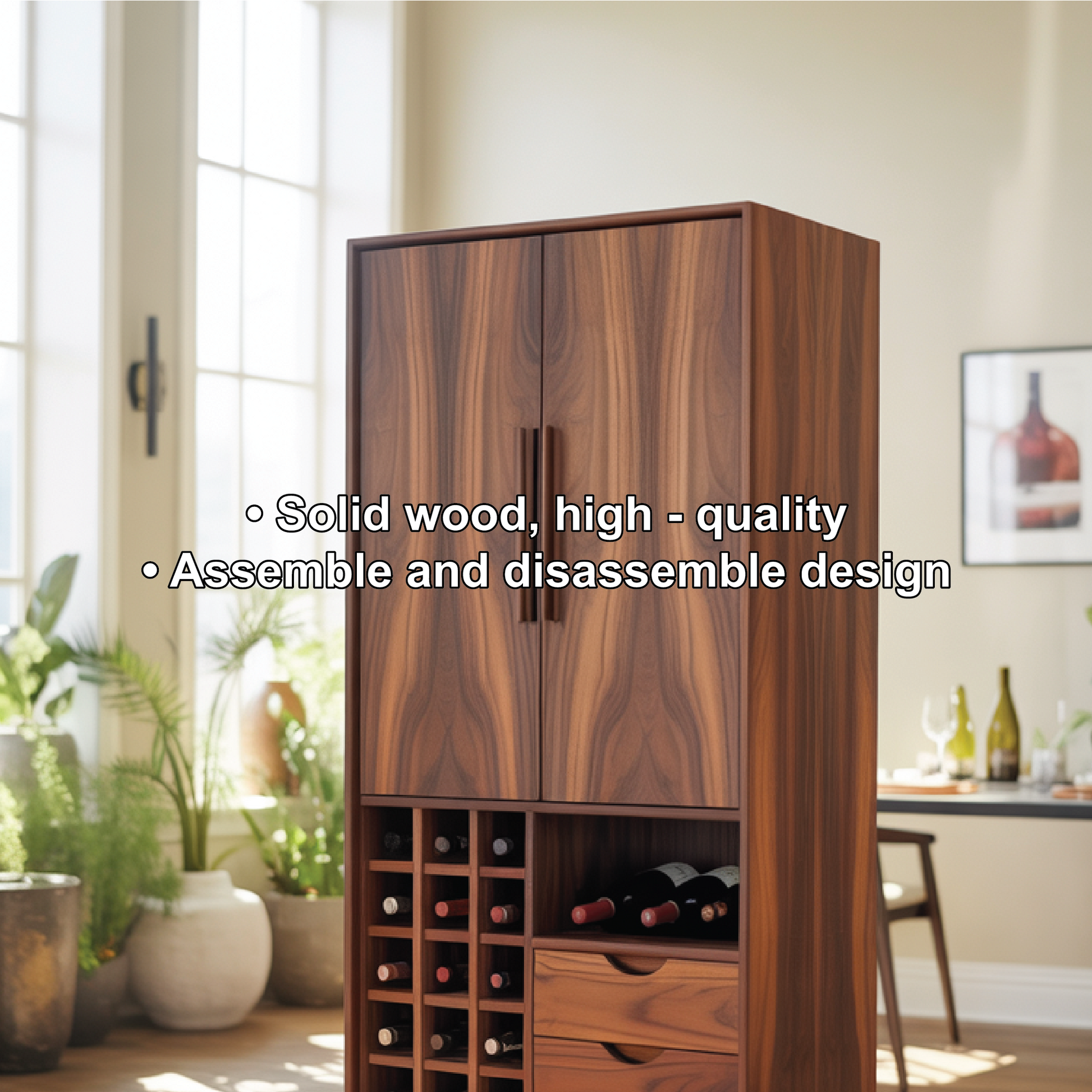 Handcrafted Solid Wood Dining Cabinet with Wine Storage Grid, Drawers and Tall Double Doors Kitchnce