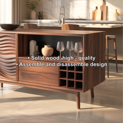 Handcrafted Solid Wood Dining Cabinet with Wave Carved Door, Open Display Shelf and Wine Storage Kitchnce