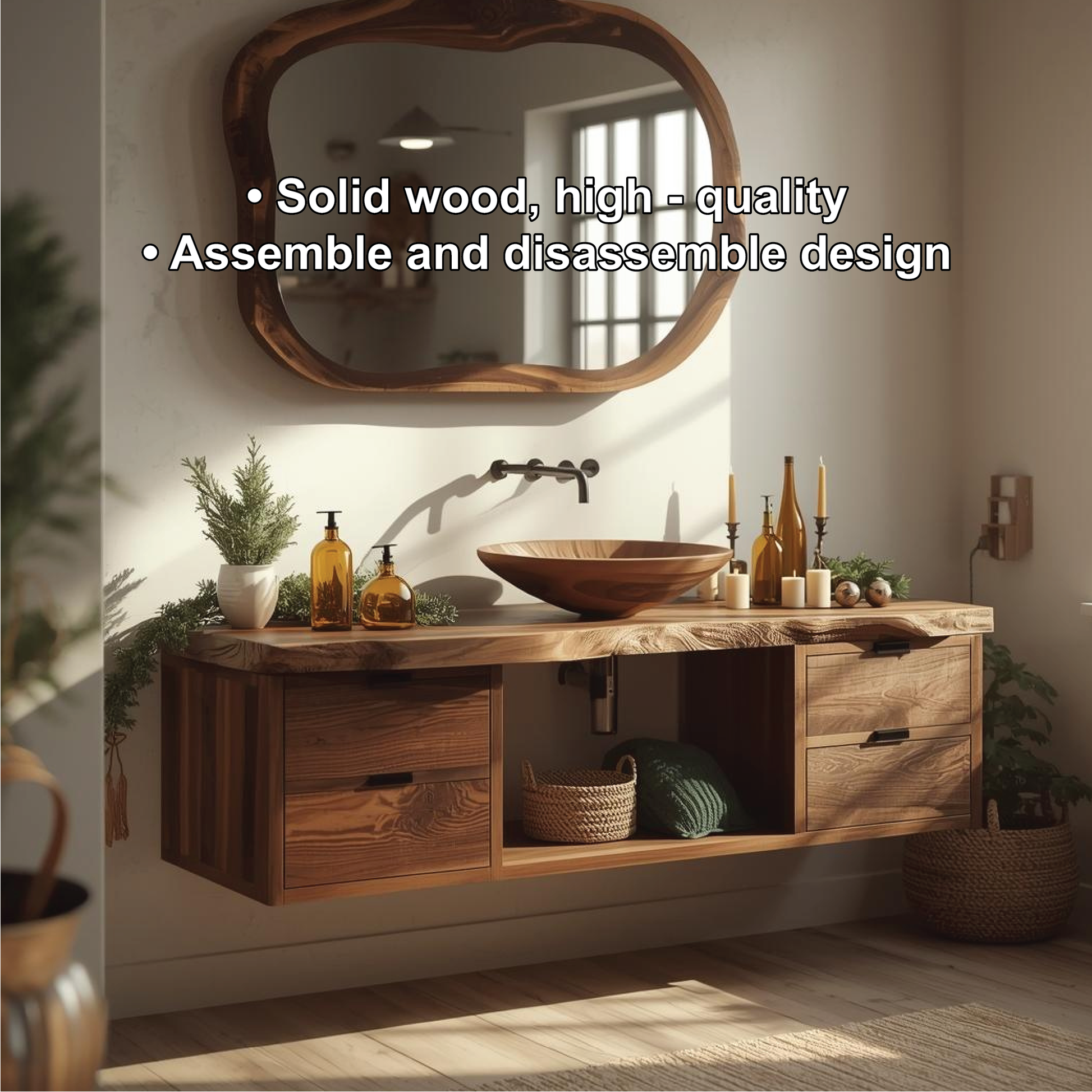 Handcrafted Solid Wood Floating Bathroom Vanity with Live Edge Countertop and Natural Mirror Kitchnce