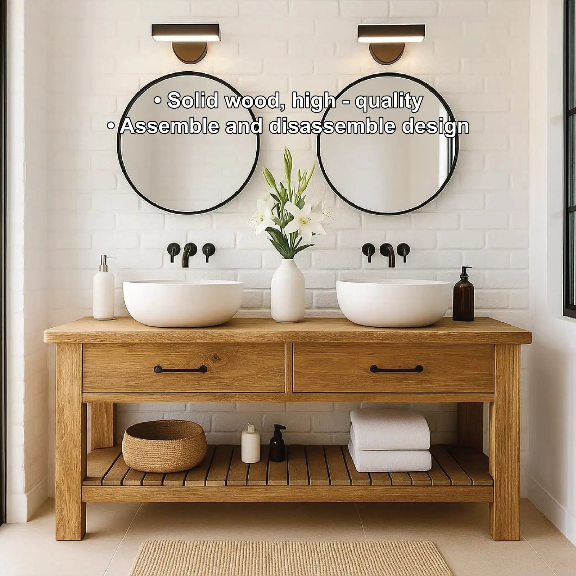 Handcrafted Double Solid Wood Bathroom Vanity with Drawers and Slatted Shelf for Modern Homes Kitchnce
