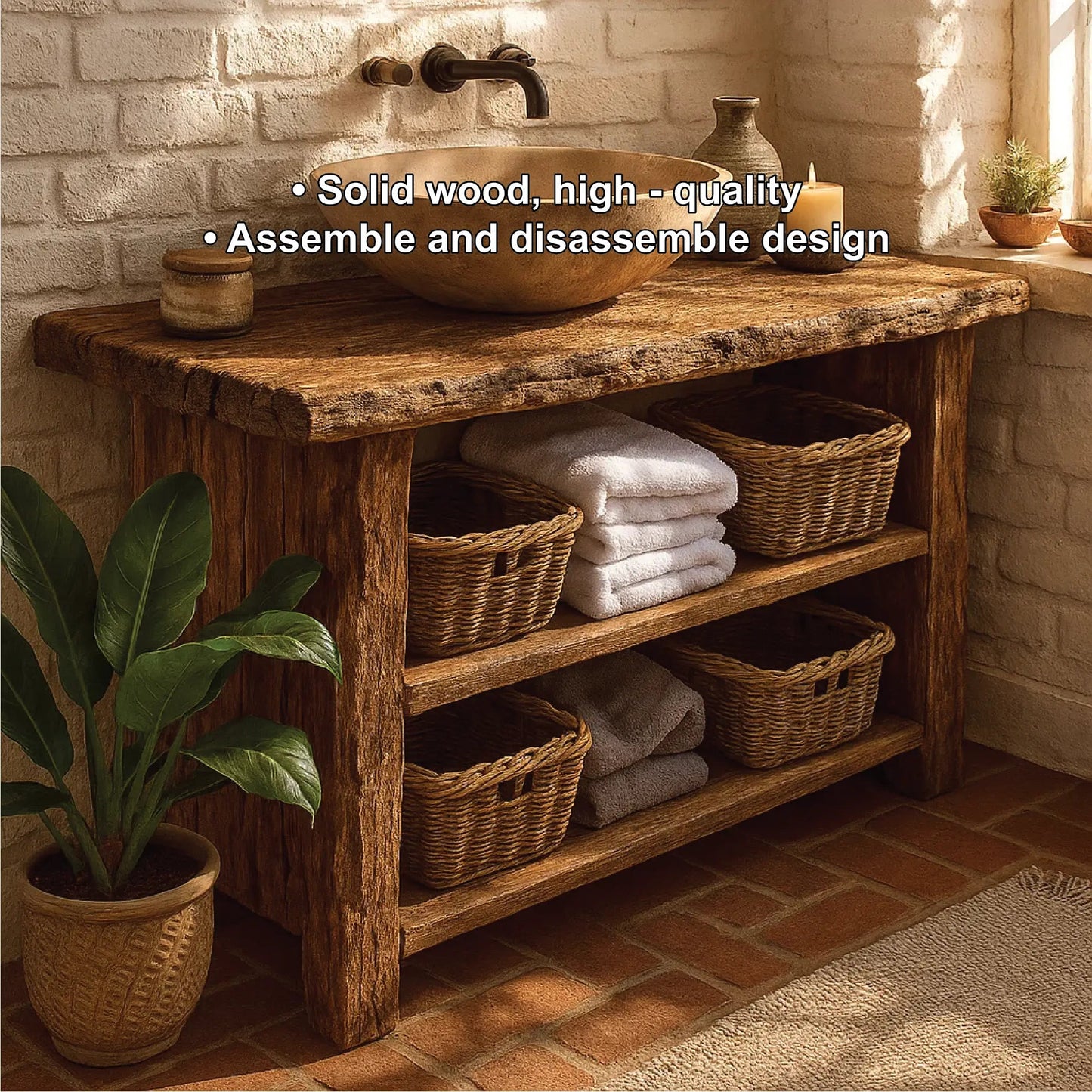 Rustic Handcrafted Solid Wood Bathroom Vanity with Open Shelves and Natural Live Edge Design Kitchnce